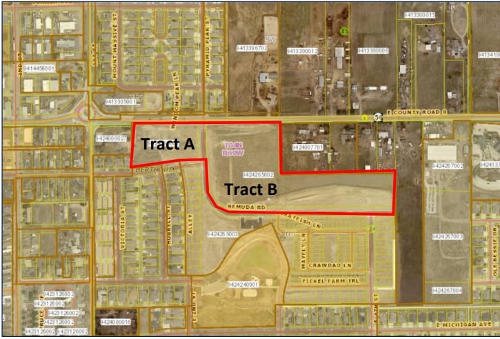 A plat map depicts the Fickel Farms Fifth Filing in Berthoud.