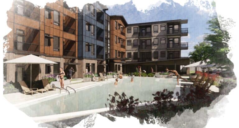 An artist’s rendering shows the proposed apartment community at 5600 Airport Blvd.