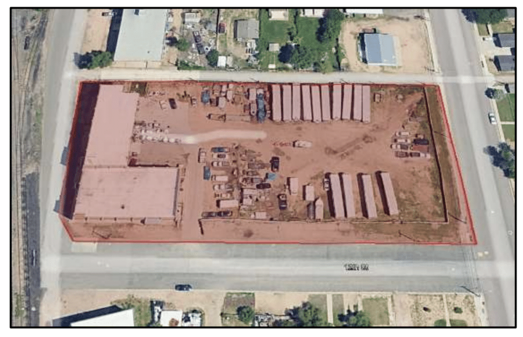 Am overheard view of the historic Greeley Ice House and Storage lot.