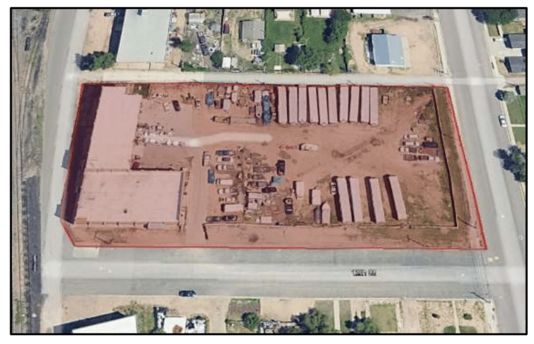 Am overheard view of the historic Greeley Ice House and Storage lot.