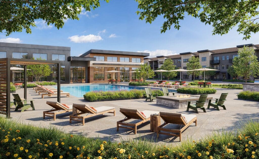 An architect’s rendering depicts apartment buildings and amenities at The Moraine, a complex in Longmont that is expected to be completed by April 2026.