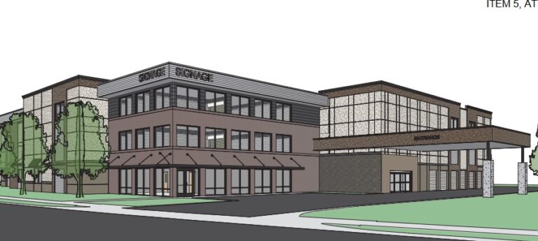 A rendering depicts the three-story Uplift Self Storage building planned for the Rudolph Farm subdivision on the eastern edge of Fort Collins.