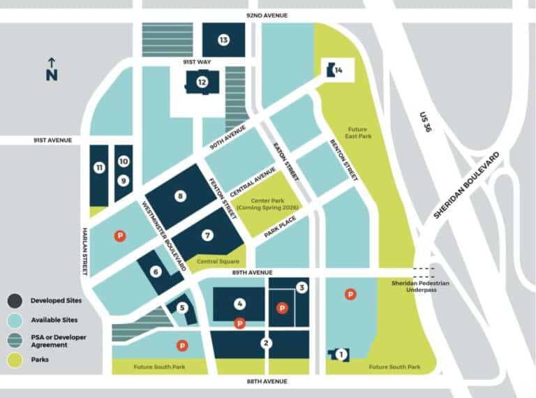 New townhomes are planned near 92nd Avenue and Harlan Street in Downtown Westminster, a district shown in this map.