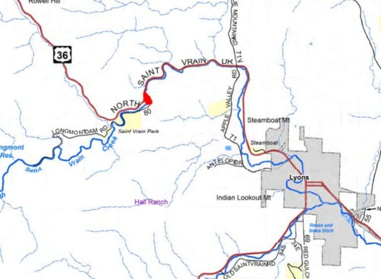 A red dot on the map shows the location of Riverside Cabins and Lodge, along U.S. Highway 36 west of Lyons.