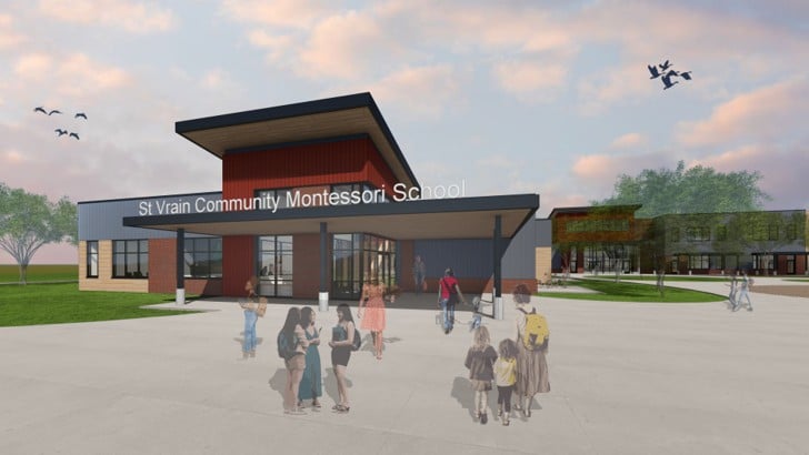 The new St. Vrain Community Montessori School campus 54,000-square-foot classroom building and a two-acre farm.