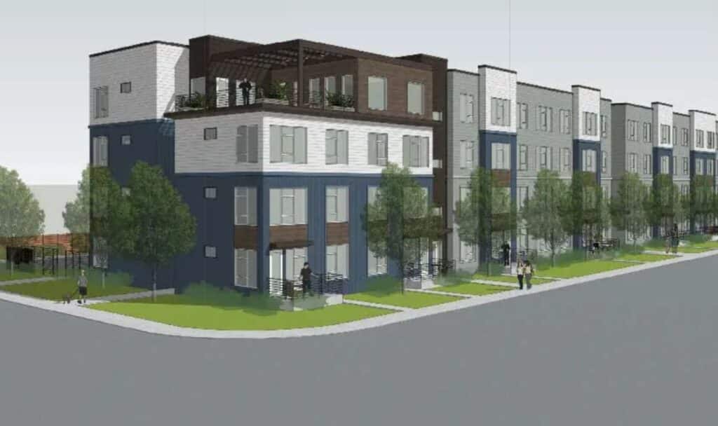 A rendering depicts the 302 Conifer apartment building being built in Fort Collins.