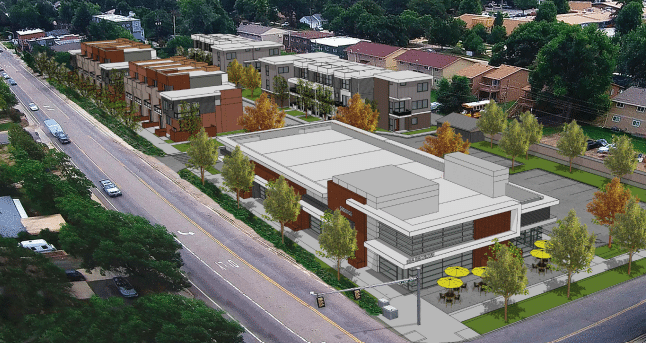 An artist’s rendering of the exterior of a mixed-use project planned in Lafayette.