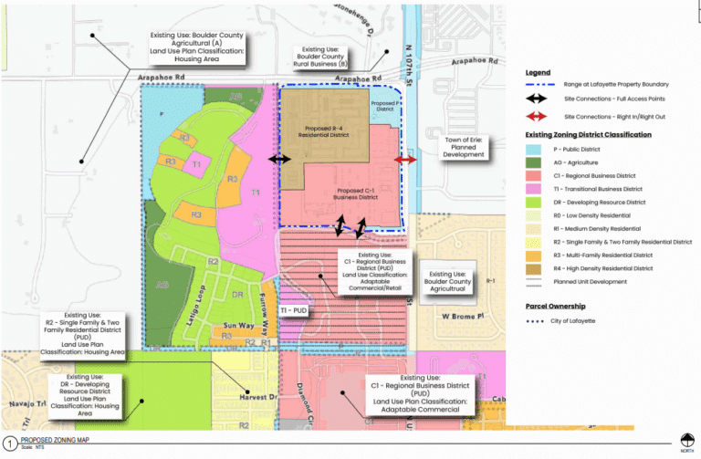 A sketch for The Range shows the location of the proposed commercial and residential districts within the 40-acre project site.