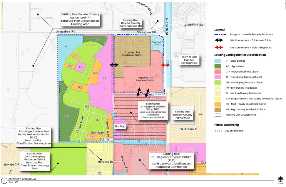 A sketch for The Range shows the location of the proposed commercial and residential districts within the 40-acre project site.