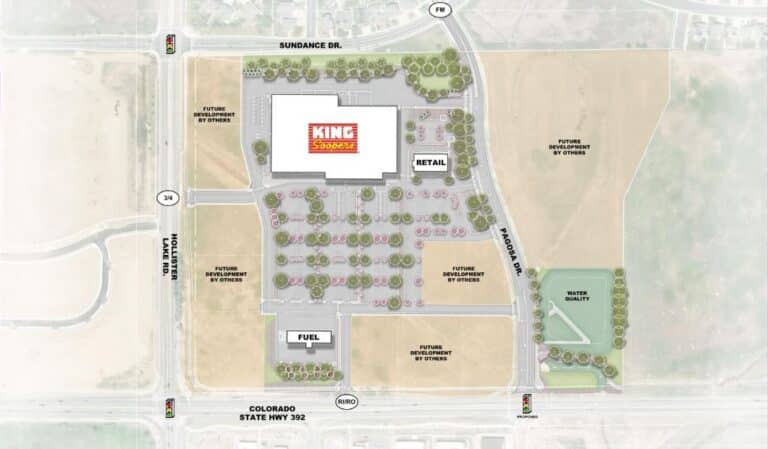 A map shows the site plan for a 46-acre development that would include Windsor’s second King Soopers supermarket.