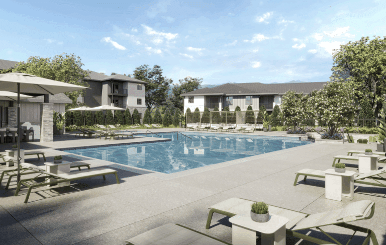 An artist’s rendering of the pool at The Ellory apartments.