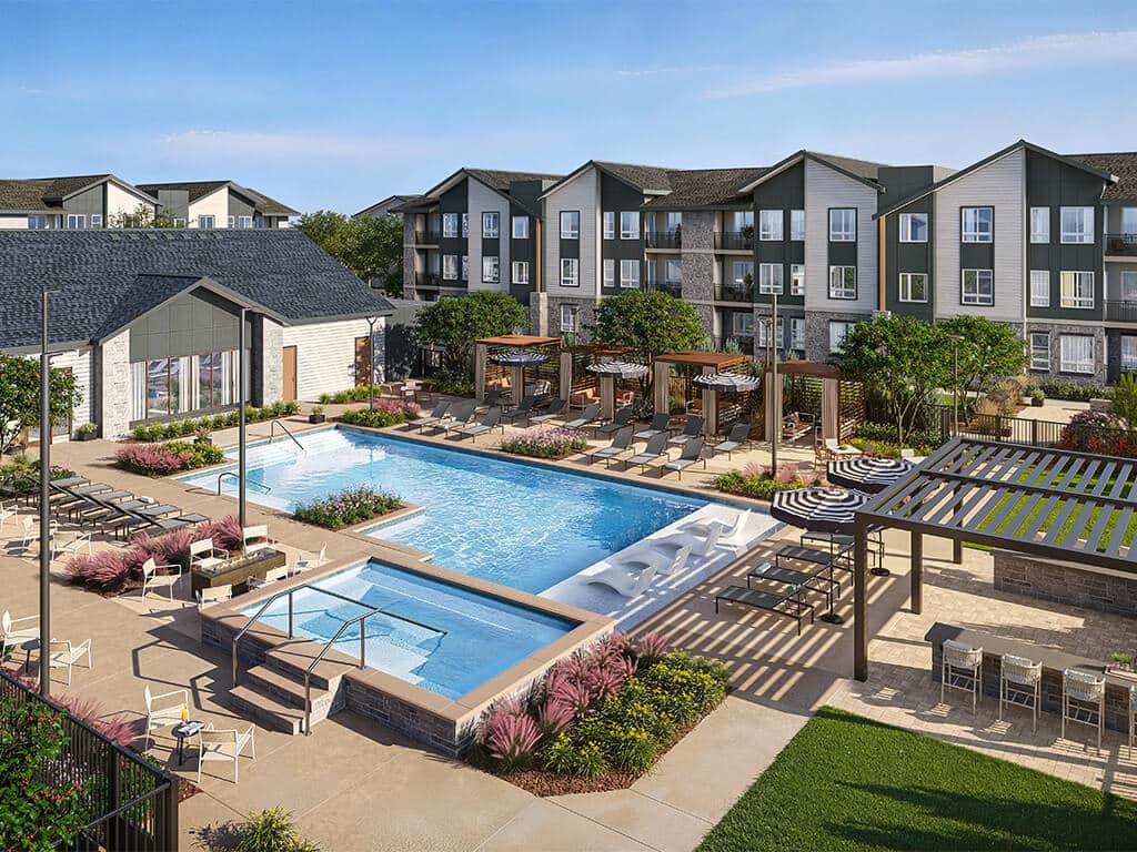 A rendering of the pool at Rowlen Apartments in Broomfield.