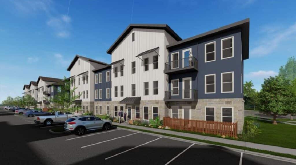 A rendering depicts a building in the 252-unit Alta Longmont complex.