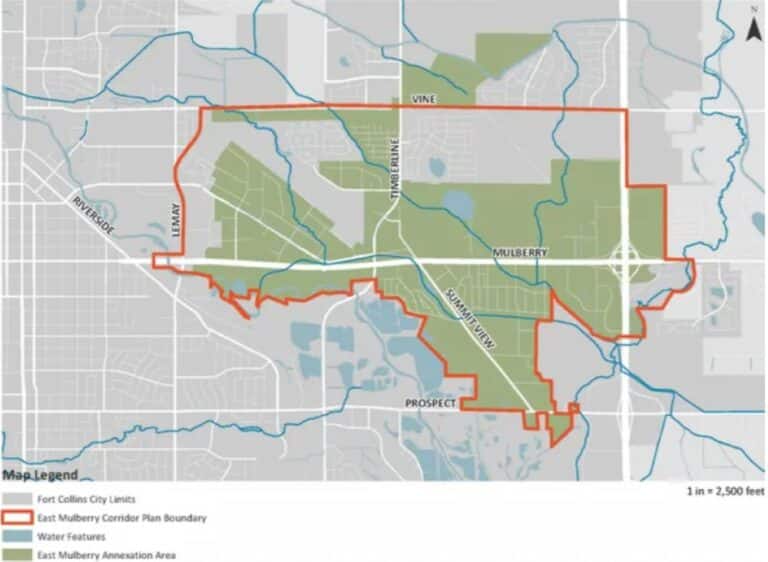 The proposed industrial and commercial park would be located on the northeast corner of East Mulberry Street and Interstate 25. The East Mulberry annexation area is highlighted in green.