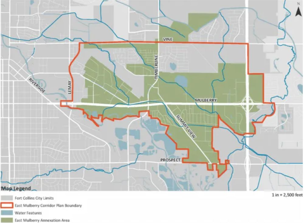 The proposed industrial and commercial park would be located on the northeast corner of East Mulberry Street and Interstate 25. The East Mulberry annexation area is highlighted in green.