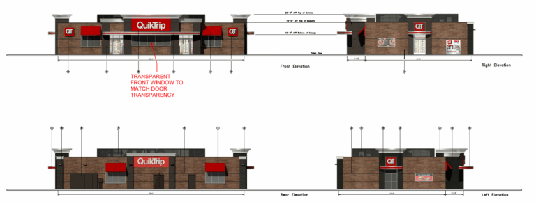An elevation drawing of the proposed QuikTrip gas station in Dacono.