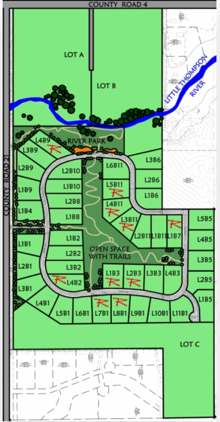 A map shows the lots in The River at Overland Crossing. The red Rs indicate lots already purchased.
