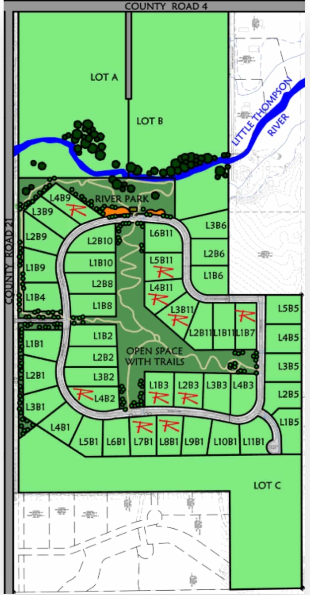 A map shows the lots in The River at Overland Crossing. The red Rs indicate lots already purchased.
