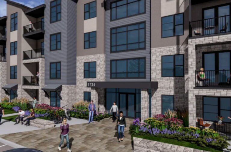 A rendering depicts townhomes at Union Park in Fort Collins.