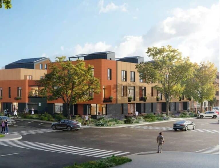 A rendering depicts the completed La Vie Lumière townhome complex in Old Town Fort Collins.