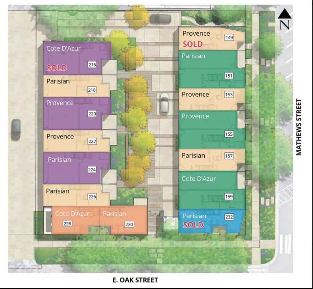 A plan depicts the location of La Vie Lumière townhomes and their particular style.
