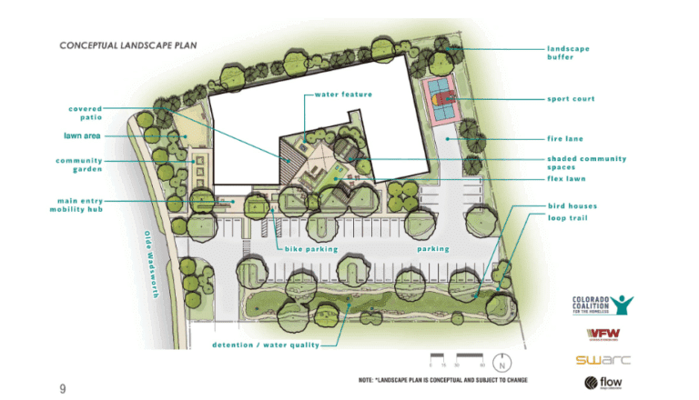 A site map of a proposed affordable-housing project from the Colorado Coalition for the Homeless and Veterans of Foreign Wars.